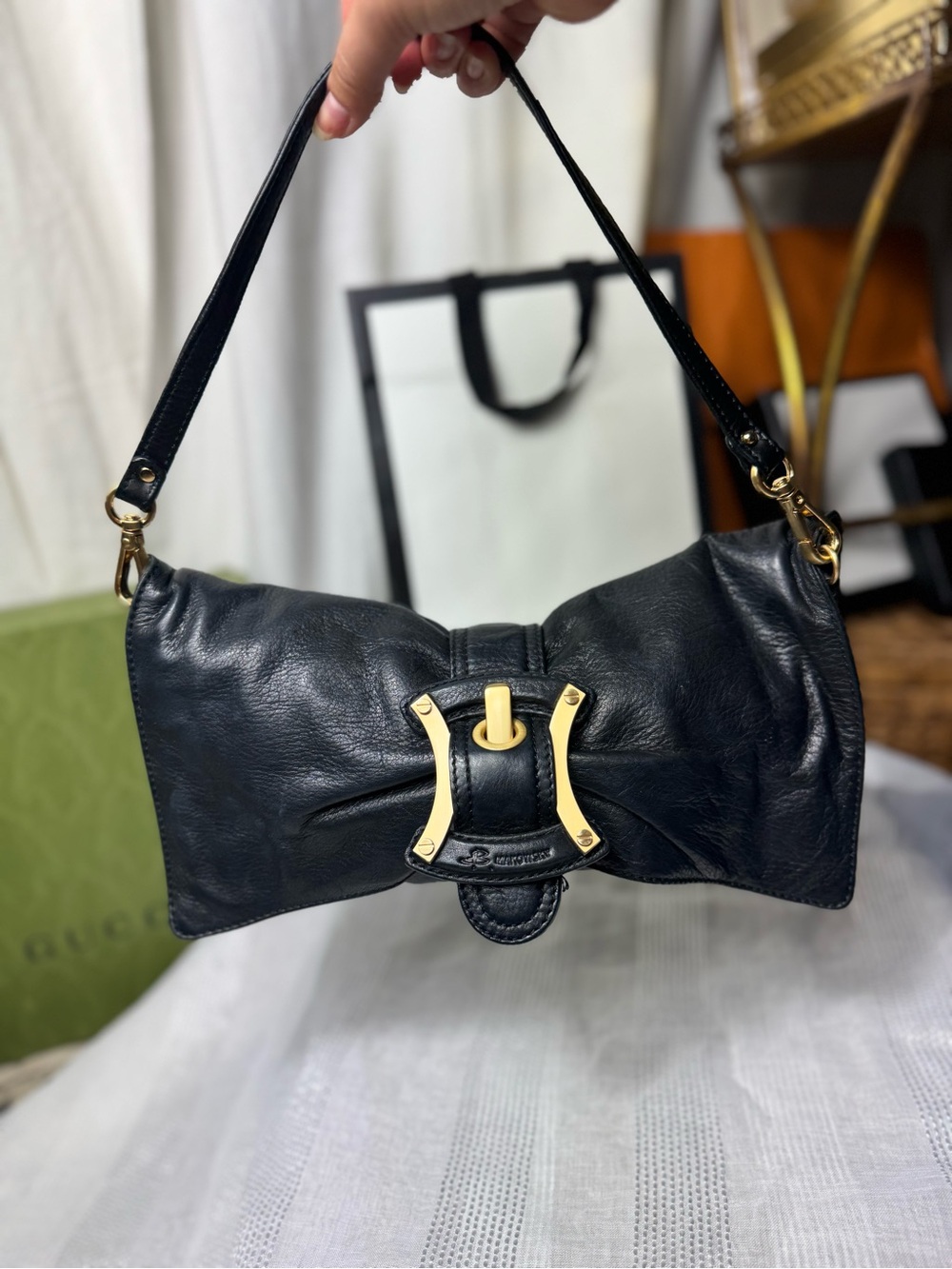 Vintage Y2K 90s Black Leather Shoulder Bag with Gold … - Gem